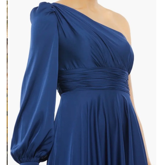 MAC DUGGAL WOMEN’S ONE SHOULDER LONG SLEEVE MIDNIGHT BLUE SATIN GOWN SZ 8 - Picture 3 of 11